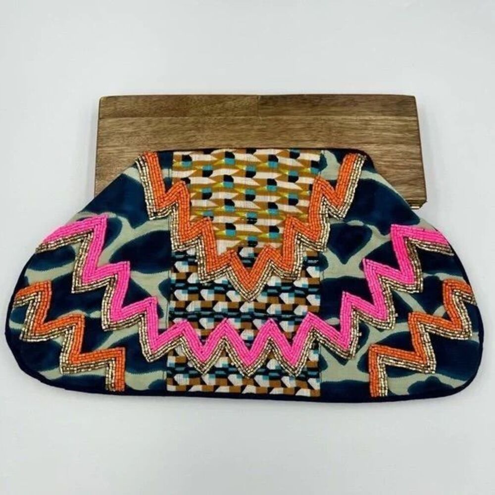 Chloe & Lex Clutch Bag Womens Navy Multicolor Wooden Frame Beaded Embroidered